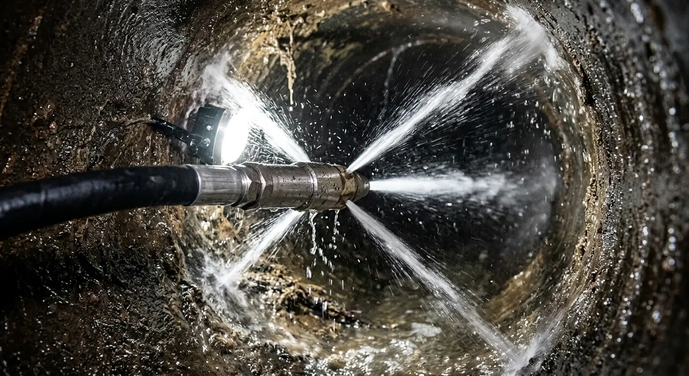 High-pressure hydro jetting nozzle cleaning sewer pipe for Trenchless Sewer Repair in Moscow