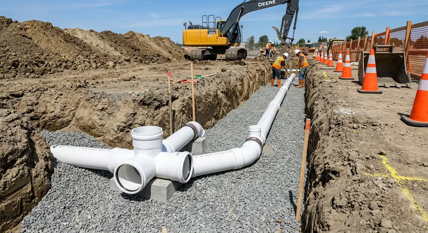 New PVC sewer pipe installation in open trench for Sewer Backup in Moscow