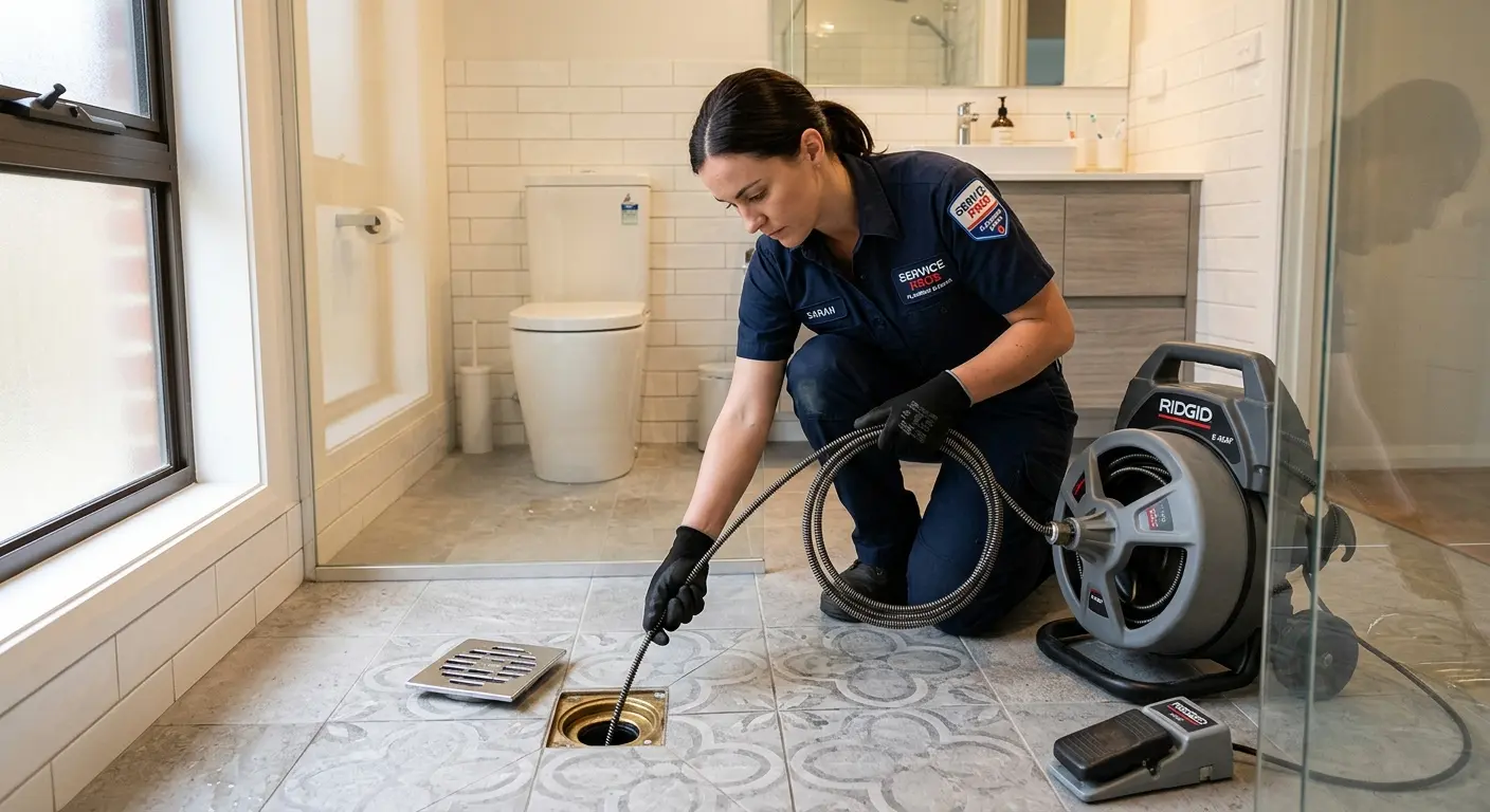 Technician clearing a bathroom floor drain for Drain Repair in Moscow
